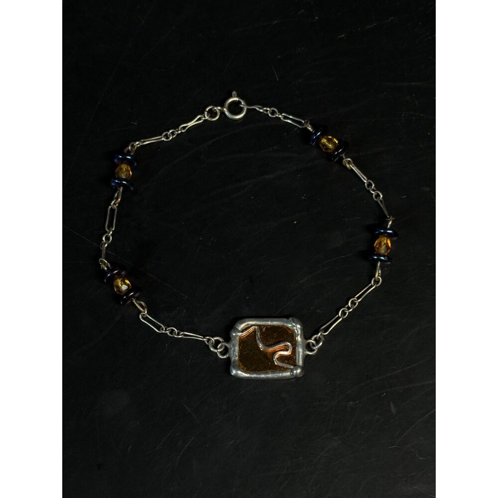 Artisan Sterling Bracelet Amber Glass Center 7 to 8.6"